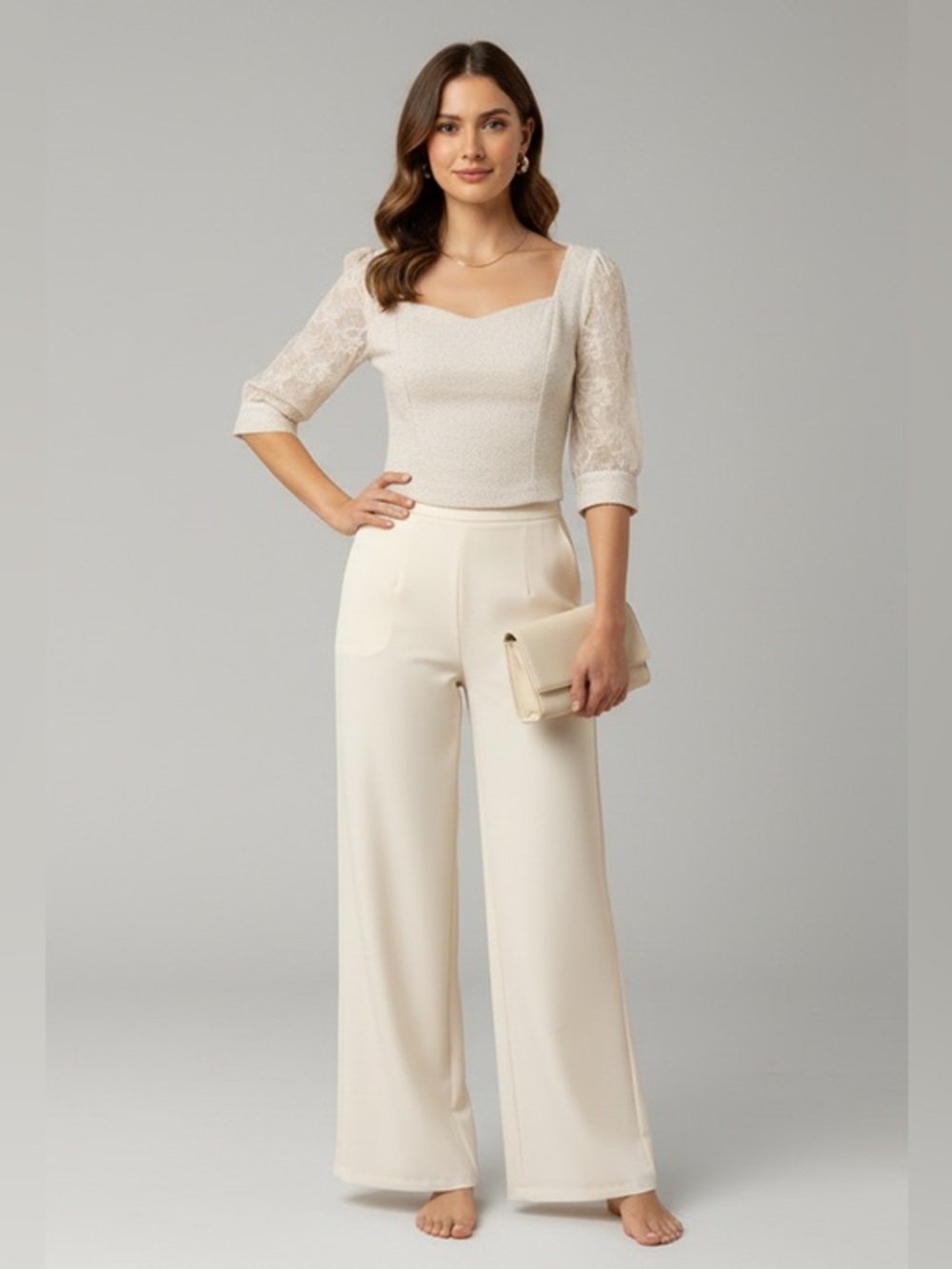 TULLE THEORY NATURAL COLOR LACE SLEEVE TWEED TOP